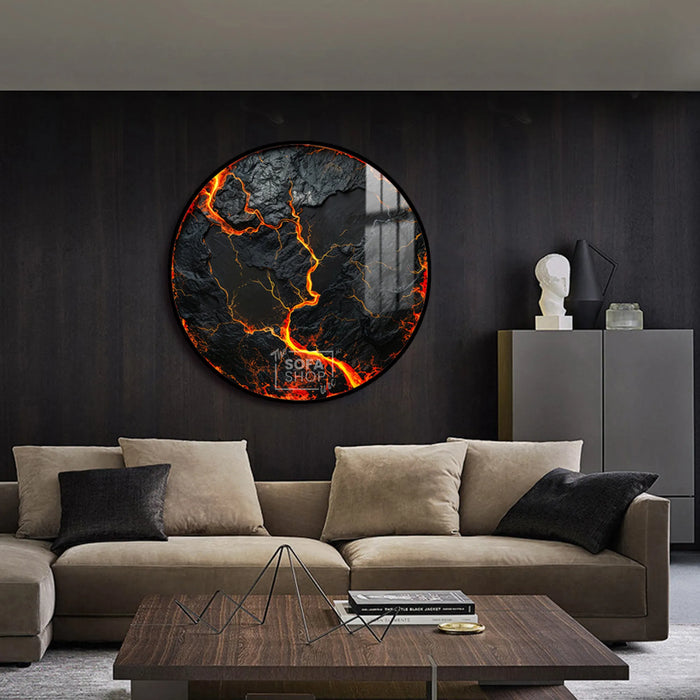 Volcanic Wall Art Round LED Canvas 100 cm | Lava-Inspired Feature Piece With Flickering LED Glow + Remote Control + Crystal-Porcelain Gloss + Gold Or Black Frame | The Sofa Shop