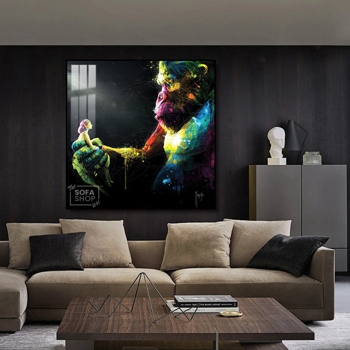 Gorilla Canvas Wall Art LED 100 x 100 cm | Emotional Street-Style Print With Bold Detail + Remote-Controlled LED Frame + Crystal-Porcelain Finish + Gold Or Black Frame | The Sofa Shop