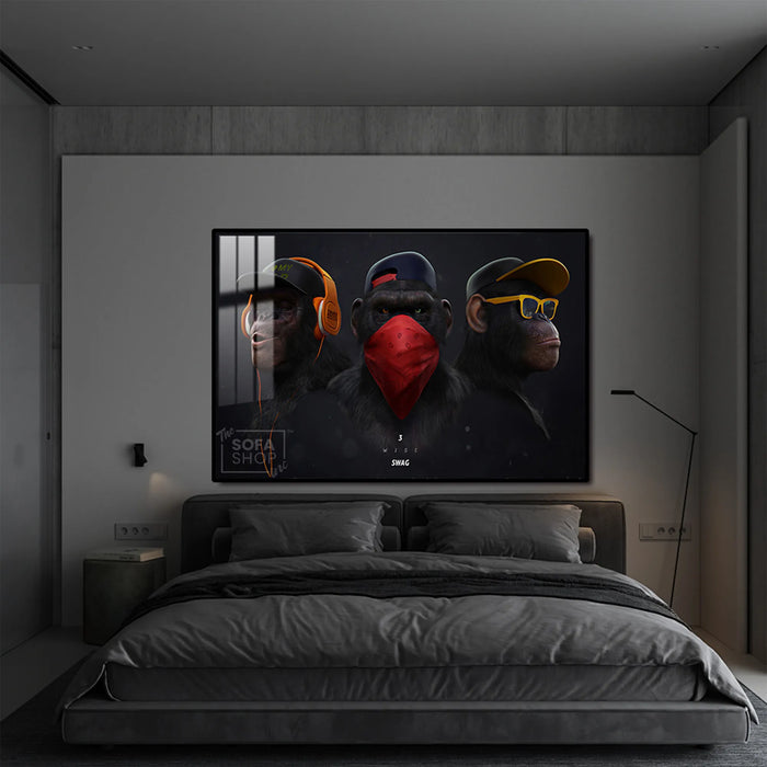 Urban Chimpanzee Trio LED Canvas 150 x 100 cm | Street-Style Monkey Wall Art With 3 Brightness Modes + Crystal-Porcelain Finish + Gold Or Black Frame | The Sofa Shop