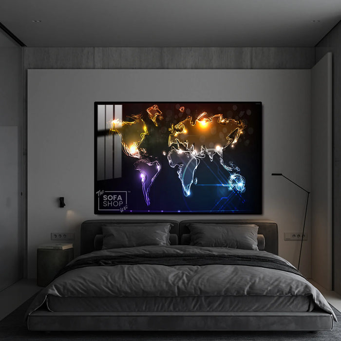 Illuminated World Map LED Canvas 150 x 100 cm | Neon Map Wall Art With Adjustable LED Backlighting + Crystal-Porcelain Finish + Gold Or Black Frame | The Sofa Shop
