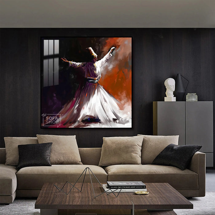 Sufi Whirling Dervish LED Canvas 100 x 100 cm | Islamic Wall Art With Radiant LED Backlighting + Crystal-Porcelain Finish + Gold Or Black Alloy Frame | The Sofa Shop