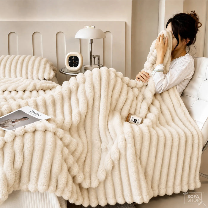 Classic Beige Flannel Plush Blanket 150 x 200cm | Fluffy Warm Cosy Throw with Ultra-Soft Fleece + Machine Washable Care | Boston | Bed Sofa Couch Blanket | The Sofa Shop