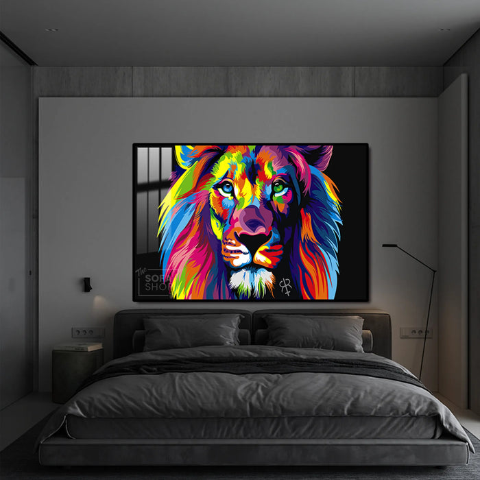 Colourful Lion Painting LED Canvas 150 x 100 cm | Pop Art Wall Art With 3 Brightness Modes + Remote Control + Crystal-Porcelain Finish + Gold Or Black Frame | The Sofa Shop