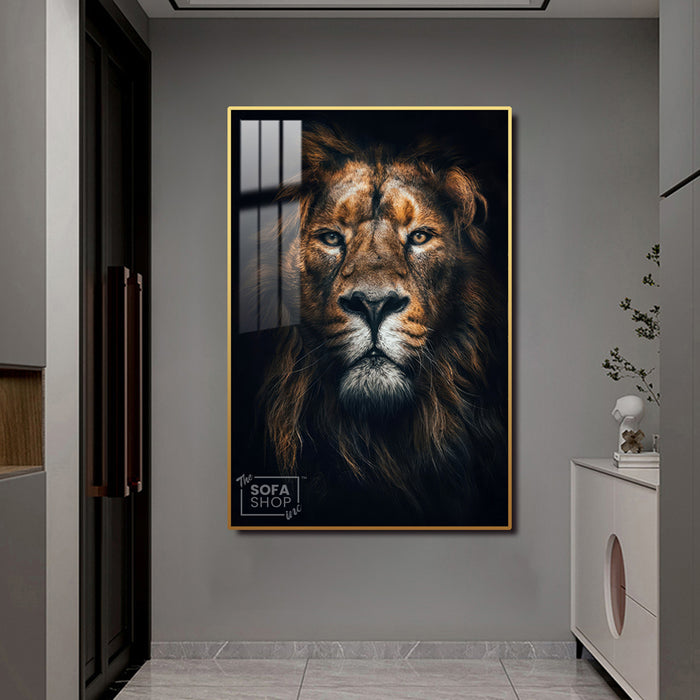 Majestic Lion LED Canvas 100 x 150 cm Vertical | Hyperrealistic Lion Head Portrait With Adjustable LED Backlighting + Crystal-Porcelain Finish + Gold Or Black Frame | The Sofa Shop