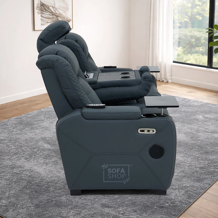 3 Seater Real Leather Electric Recliner Cinema Sofa in Blue | Massage & Heat, Bluetooth, Cooling Cup Holders, Tray Tables & Fold-Down Table | Napoli | The Sofa Shop