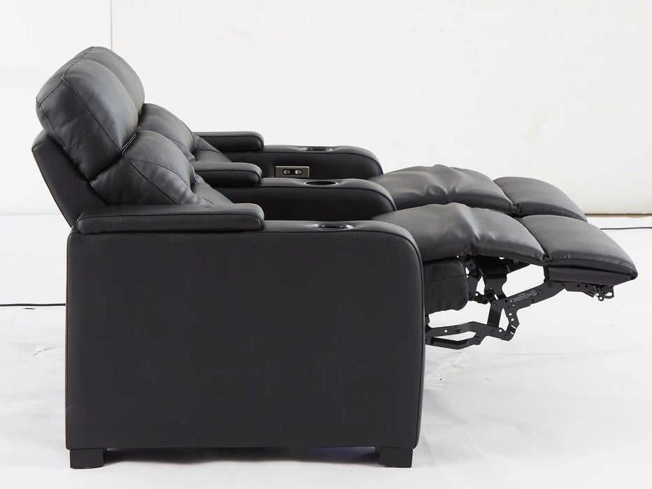 2 Seat Electric Recliner Home Cinema Theatre Sofa | Real Leather Couch In Black + LED Lights + LED Cupholders + Storage - Trapani - 26