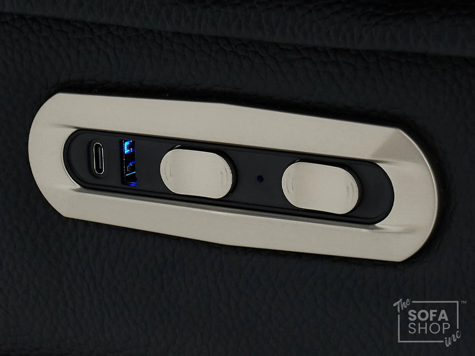 3 Seater Electric Recliner Cinema Sofa in Black Real Leather | Hi-Tech Cinema Seats with Massage, Drop-Down Table, LED Reading Light, Power Headrest, Power Recliner, Storage Drawer, USB & Wireless Charging | Sicily