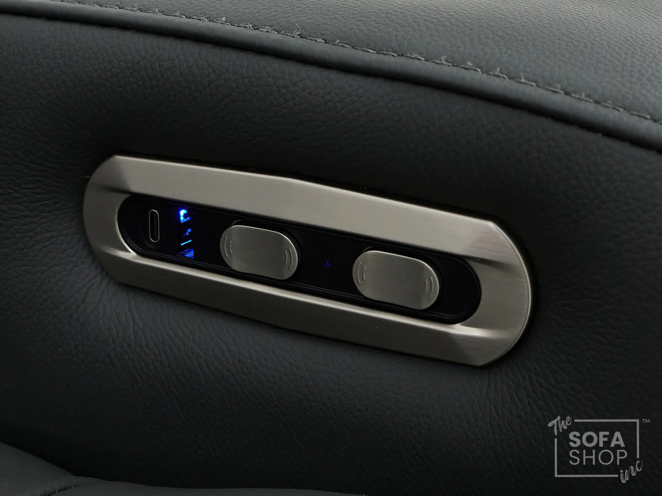 Real Leather Recliner Chair & Cinema Seat in Grey | Electric Armchair with Massage, LED Cup Holders, Table & USB Ports | Capri