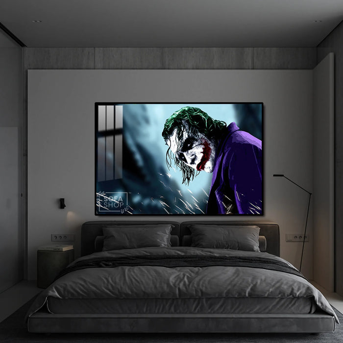 LED Joker Portrait Canvas 150 x 100 cm | Glow In The Dark Wall Art With 3 Lighting Modes + Crystal-Porcelain Finish + Gold Or Black Aluminium Frame | The Sofa Shop