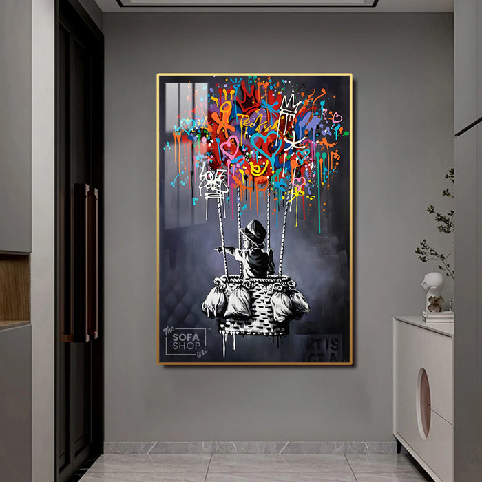 Dream Balloon LED Canvas 100 x 150 cm Vertical | Graffiti Hot Air Balloon Wall Art With Adjustable LED Glow + Crystal-Porcelain Finish + Gold Or Black Frame | The Sofa Shop