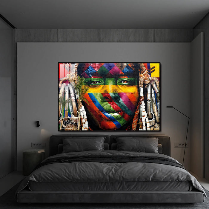LED-Enhanced African Woman Portrait Canvas | Horizontal LED Canvas 150×100 cm | Crystal-Porcelain Horizontal Painting, Gold / Black Frame | The Sofa Shop