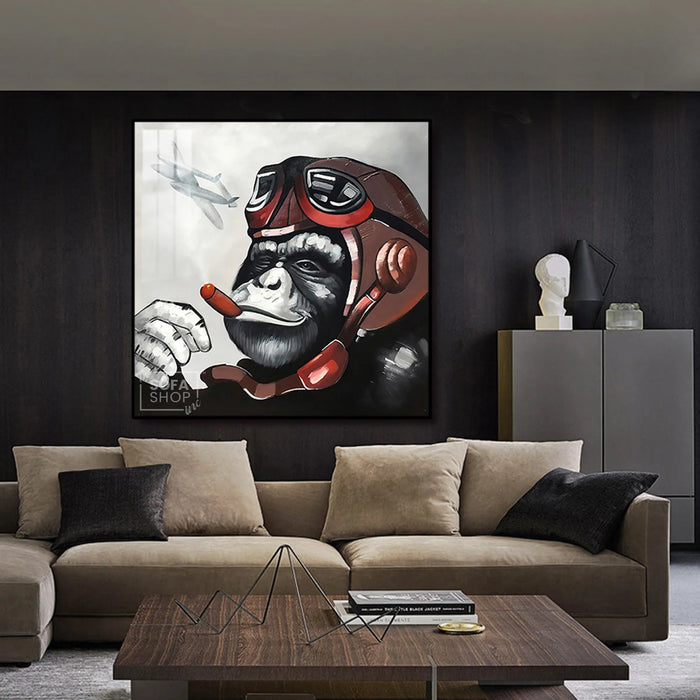 Monkey Pilot LED Canvas 100 x 100 cm | Retro Pop Wall Art With Remote-Controlled LED Frame + Crystal-Porcelain Finish + Gold Or Black Aluminium Frame | The Sofa Shop