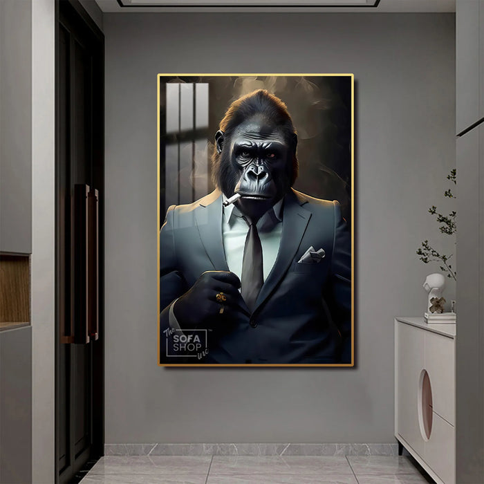Smoking Gorilla King LED Canvas | Wall Art Painting in Gold/Black Frame Gorilla Portrait Wall Art, LED-Lit Crystal-Porcelain Painting | 100×150 cm | The Sofa Shop