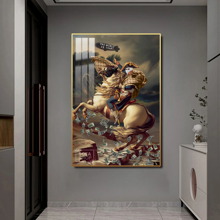 LED Conquest Canvas 100 x 150 cm Vertical | The World Is Yours Horse & Rider Wall Art With Adjustable LED Backlighting + Crystal-Porcelain Finish + Gold Or Black Frame | The Sofa Shop