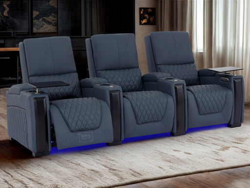 3 Seat Electric Recliner Home Cinema Theatre Sofa | Genuine Leather Couch | Blue Leather + Storage Boxes + Soft LED Mood Lighting | Assisi | The Sofa Shop