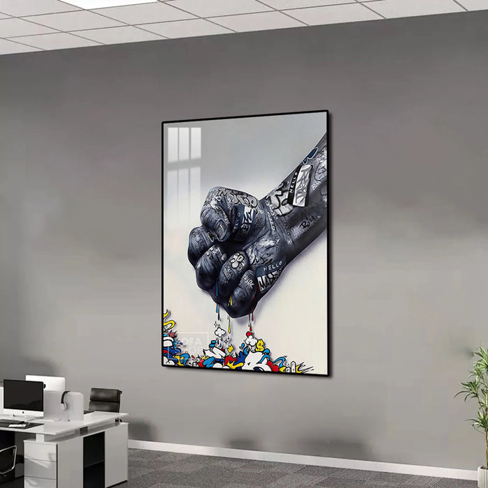 Graffiti Fist LED Canvas 100 x 150 cm Vertical | Urban Street Art With Adjustable LED Backlighting + Crystal-Porcelain Finish + Gold Or Black Aluminium Frame | The Sofa Shop