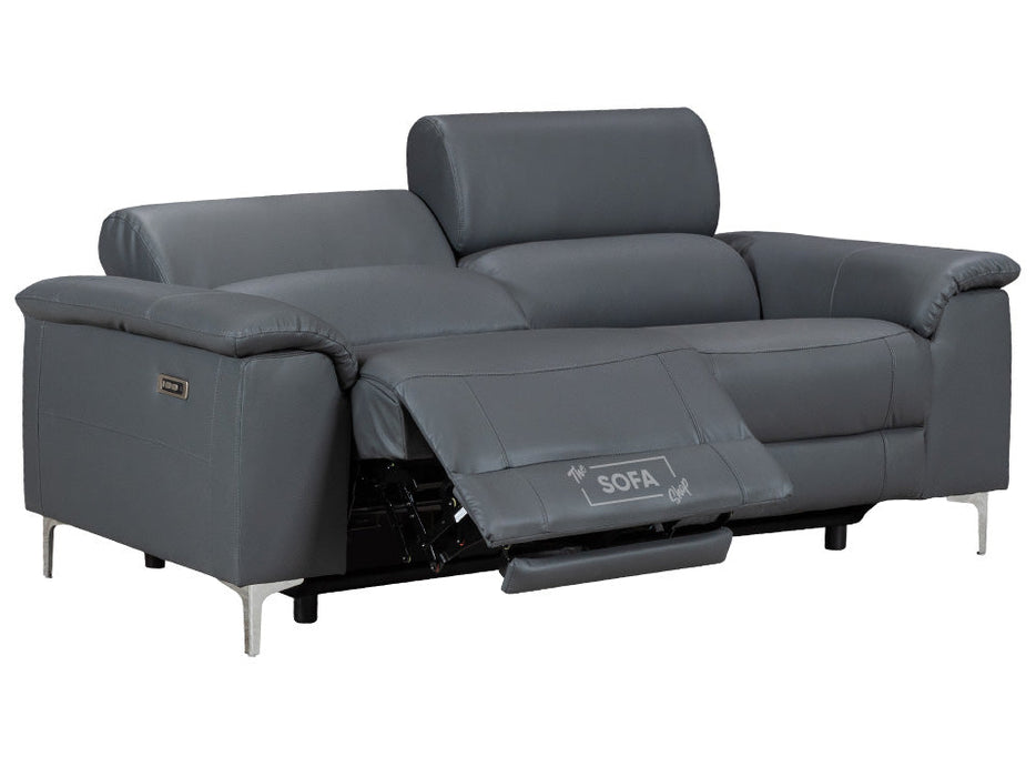 3 Seater Grey Leather Electric Recliner Sofa with Adjustable Headrest & USB Ports - Solero