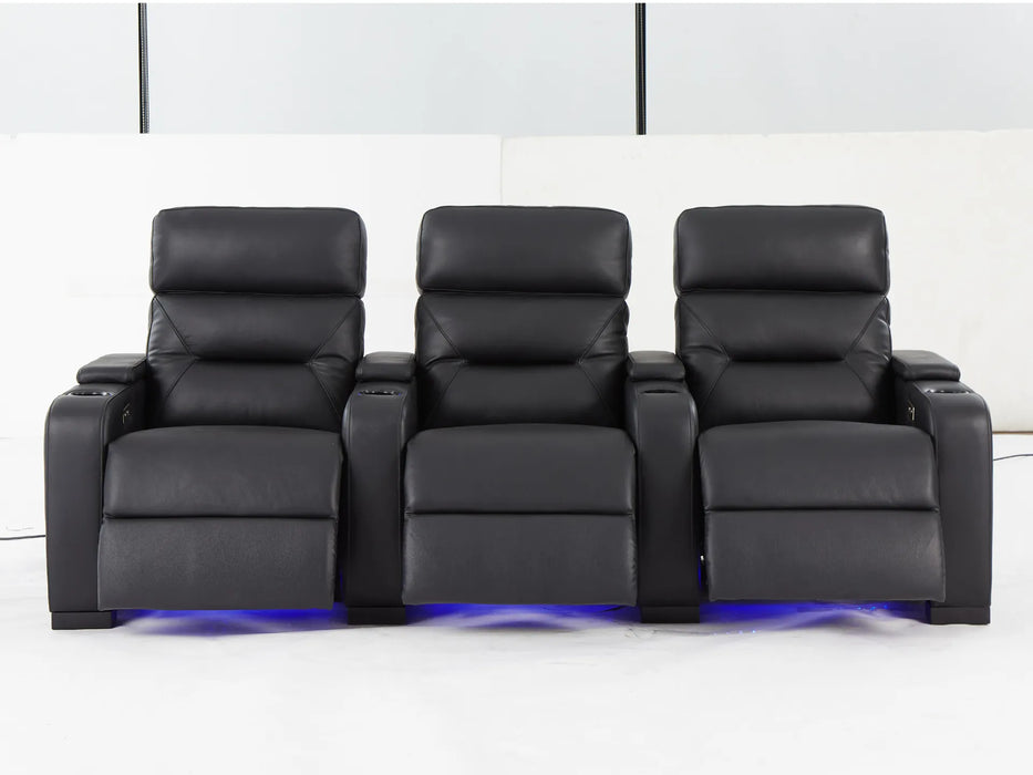 3 Seat Electric Recliner Home Cinema Theatre Sofa | Real Leather Couch in Black with Power Reclining, Power Headrests, LED Cup Holders & Storage Arms - 24