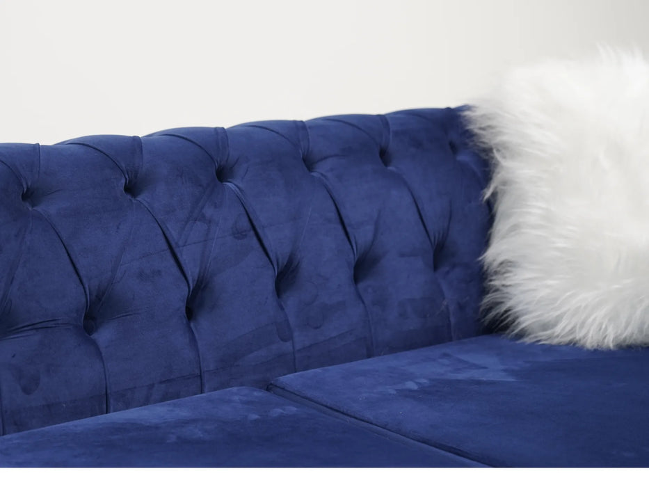 Sandringham 2 Seater Sofa In Blue Velvet | Missing 3 Buttons (Side Panel & Backrest) | Second Hand Sofas 31