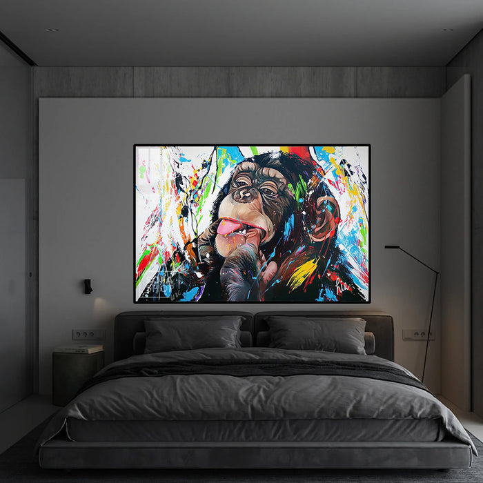 Colourful Chimp LED Canvas 150 x 100 cm | Graffiti Monkey Wall Art With Concealed LED Backlighting + Crystal-Porcelain Finish + Gold Or Black Frame | The Sofa Shop
