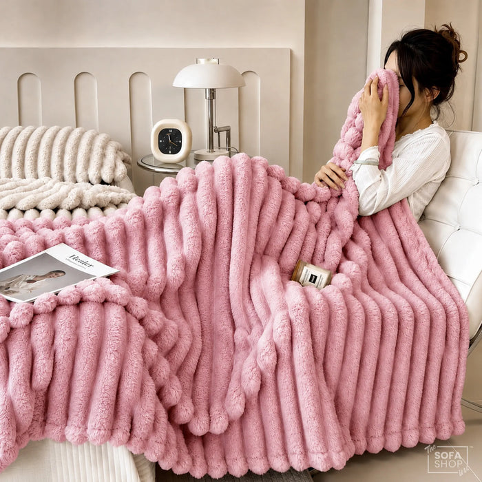Ultra Chunky Striped Fur Throw Blanket - Hot Pink | 150 x 200cm | Fluffy Warm Cosy Throw with Ultra-Soft Fleece + Machine Washable Care – Boston | Bed, Sofa, Couch Blanket | The Sofa Shop