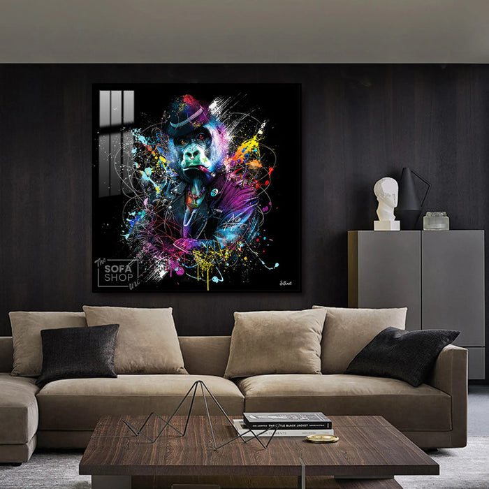 Gorilla Wall Art LED Canvas 100 x 100 cm | Street-Style Print With Bold Colour Splashes + Remote-Controlled LED Frame + Crystal-Porcelain Finish + Gold Or Black Frame | The Sofa Shop
