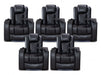 Set of 5 Electric Home Cinema Seats in Black Leather Aire, With Recliner, Massage Seats, Removable Table, USB, Lights, Storage Arms, Chilled Cupholders - Pavia