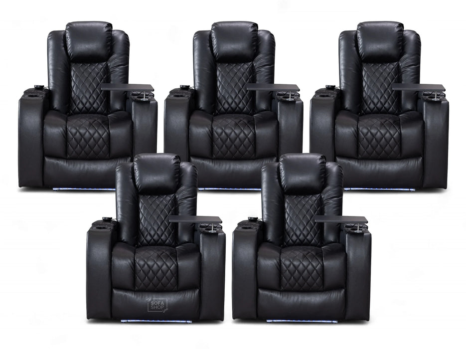 Set of 5 Electric Home Cinema Seats in Black Leather Aire, With Recliner, Massage Seats, Removable Table, USB, Lights, Storage Arms, Chilled Cupholders - Pavia