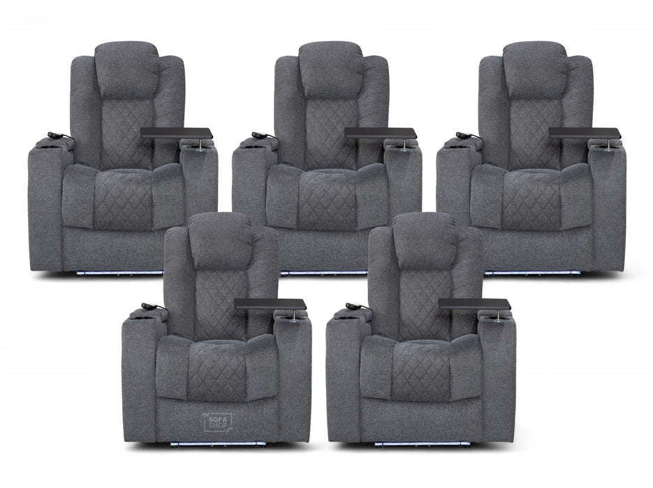 Set of 5 Electric Home Cinema Seats in Grey Woven Fabric, With Recliner, Massage Seats, Removable Table, USB, Lights, Storage Arms, Chilled Cupholders - Pavia