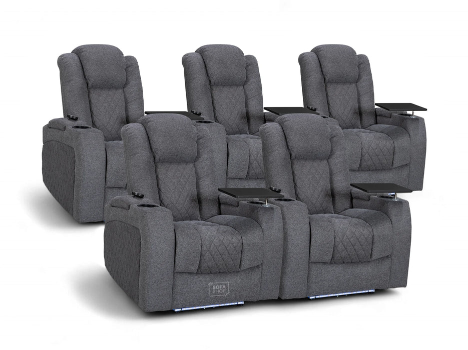 Set of 5 Electric Home Cinema Seats in Grey Woven Fabric, With Recliner, Massage Seats, Removable Table, USB, Lights, Storage Arms, Chilled Cupholders - Pavia