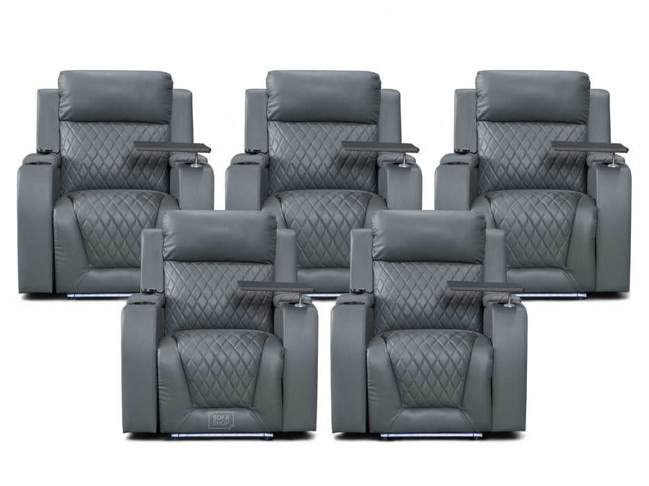 Row of 5 Electric Home Cinema Seats in Grey Leather Aire, With Recliner, Massage Seats, USB, Lights, Storage Arms, Chilled Cupholders - Venice Series One