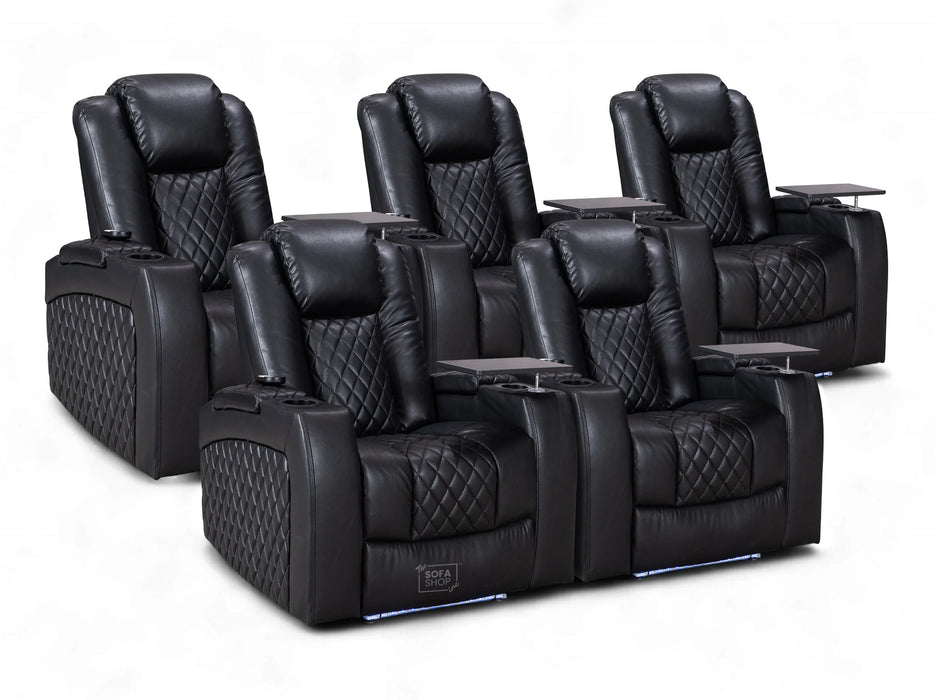 Set of 5 Electric Home Cinema Seats in Black Leather Aire, With Recliner, Massage Seats, Removable Table, USB, Lights, Storage Arms, Chilled Cupholders - Pavia