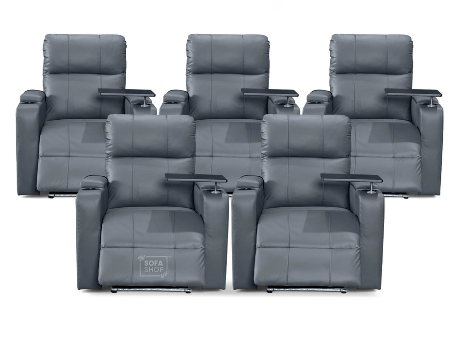 Row of 5 Electric Home Cinema Seats in Grey Leather Aire, With Recliner, Removable Table, USB, Lights, Storage Arms, Chilled Cupholders - Modena