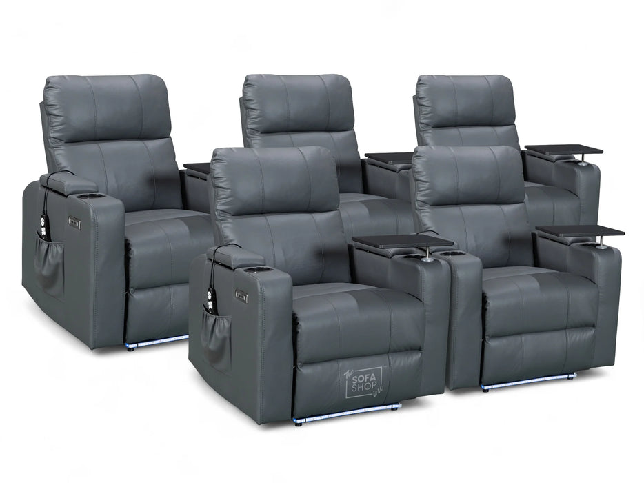 Row of 5 Electric Home Cinema Seats in Grey Leather Aire, With Recliner, Removable Table, USB, Lights, Storage Arms, Chilled Cupholders - Modena