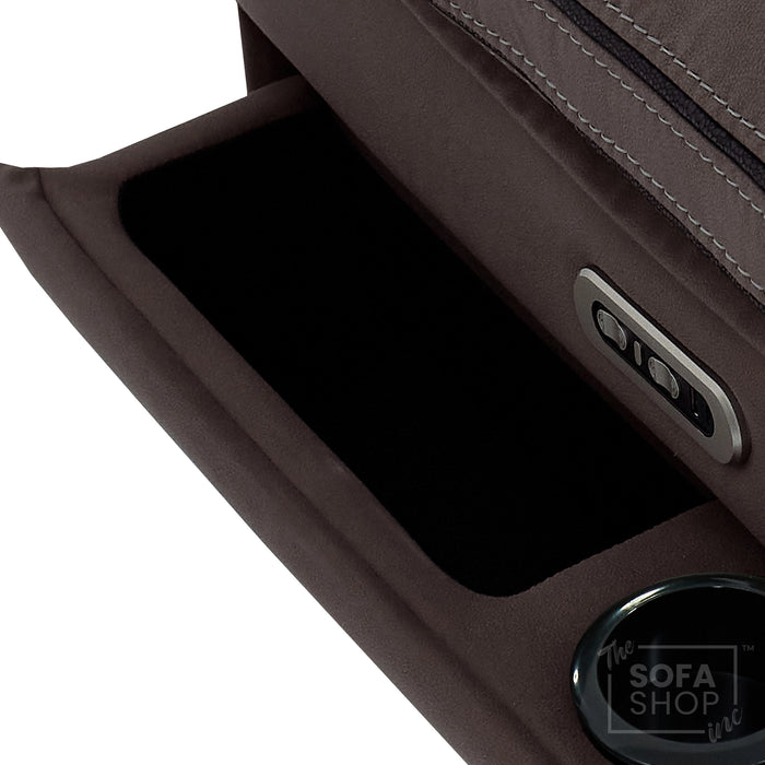 1 Seater Dark Brown Fabric Electric Recliner Cinema Armchair | Hi-Tech Recliner Chair with 8-Point Massage, Heated Lumbar,  Power Headrest & Power Grommet | Tuscany | The Sofa Shop