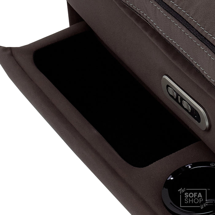 3 Seater Electric Recliner Cinema Sofa in Dark Brown Fabric | Hi-Tech Sofa With Massage, Fold-Down Table, Bluetooth Speakers, LED Lights & Power Headrest | Tuscany | The Sofa Shop