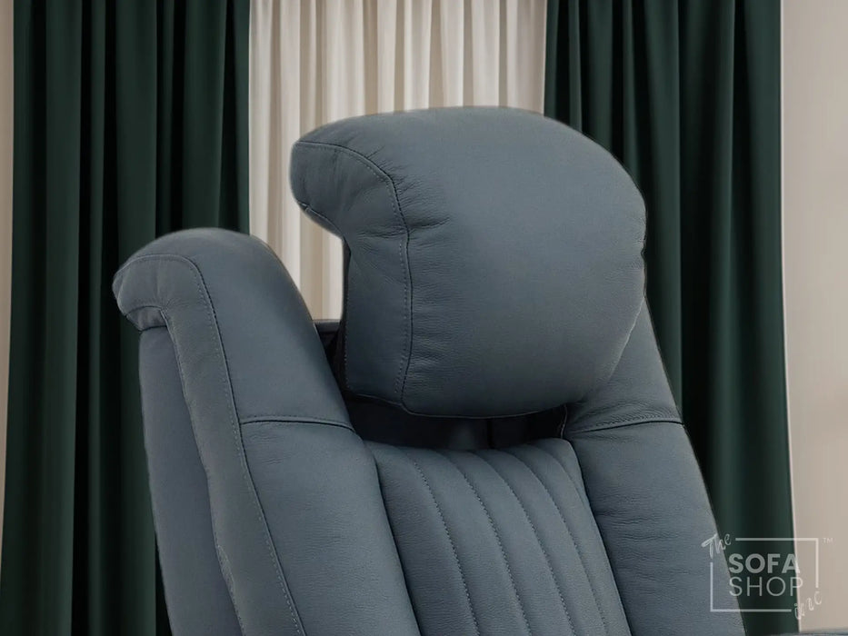 Real Leather Recliner Chair In Blue with Power Headrest, Power Recline, Massage, USB Charging, LED Cup Holder & Tray Table | Capri