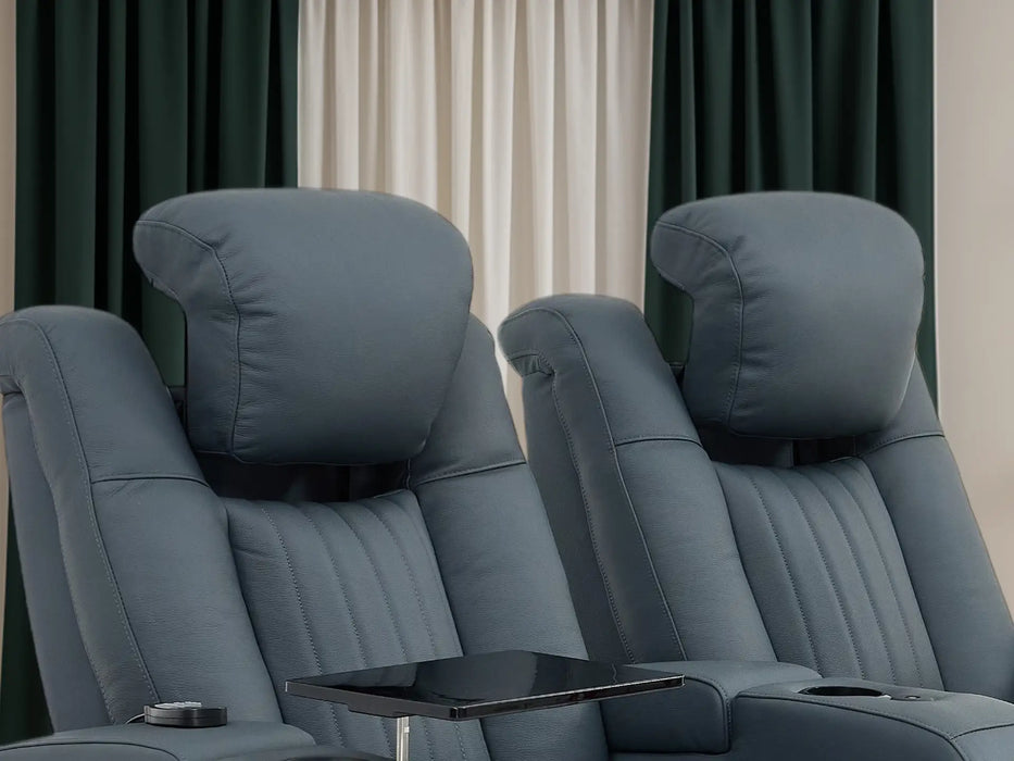 2 Seater Real Leather Recliner Sofa In Blue with Console, Massage, Heating, Adjustable Headrest, LED Cup Holders & USB Ports | Capri