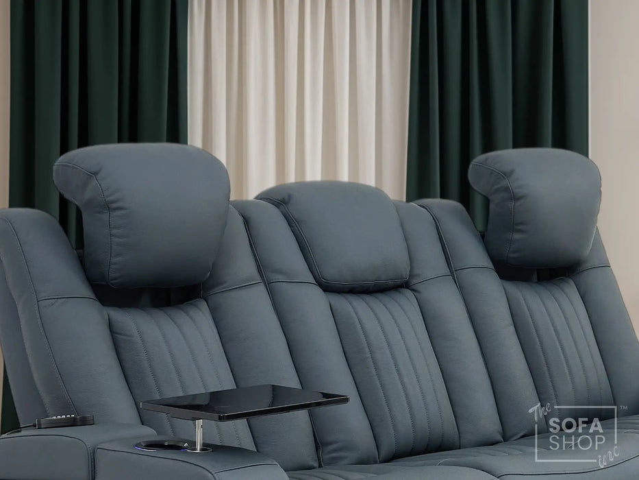 Real Leather 3+1 Recliner Cinema Sofa Set In Blue with Power Headrest, Power Recliner, Drop-Down Table, Massage, LED Lights, USB Ports & Tray Tables | Cinema Sofa Set | Capri