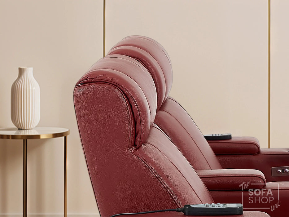 2 Seater Real Leather Electric Recliner Cinema Sofa in Red | Hi-Tech Cinema Sofa With Massage, Tray Tables & Cooling Cup Holders + USB Ports | Rimini | The Sofa Shop