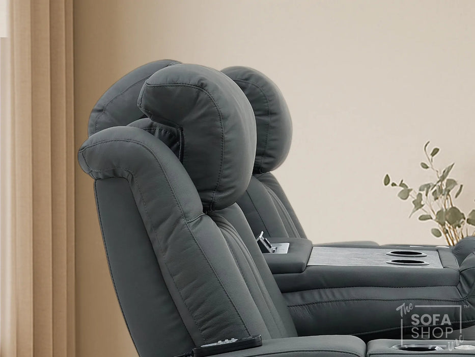3 Seater Recliner Cinema Sofa | Theatre Couch in Grey Real Leather with USB Ports, Heating, Cup Holders, and Wireless Charger | Capri | The Sofa Shop