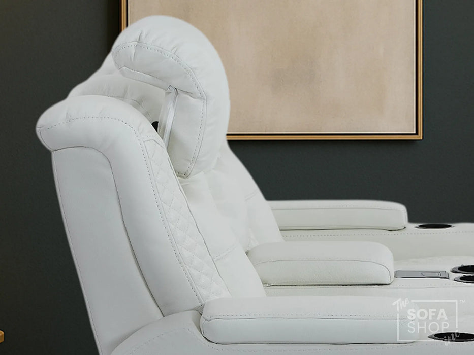 2 Seat Real Leather Electric Recliner Home Cinema Theatre Sofa | Couch In White + Cooling Cup Holders + Power Headrest + Bluetooth Speaker + Storage - Napoli Series One