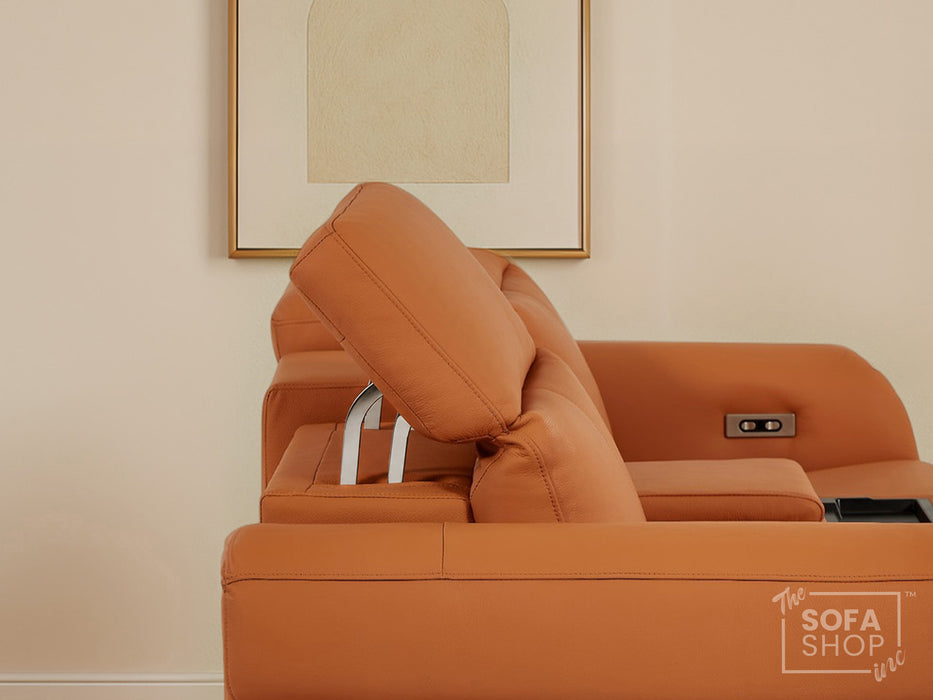 2 Seater Real Leather Electric Recliner Sofa | Cinema Sofa | Hi-Tech Sofa in Orange with Massage, Middle Console, Adjustable Headrests & USB | Turin | The Sofa Shop