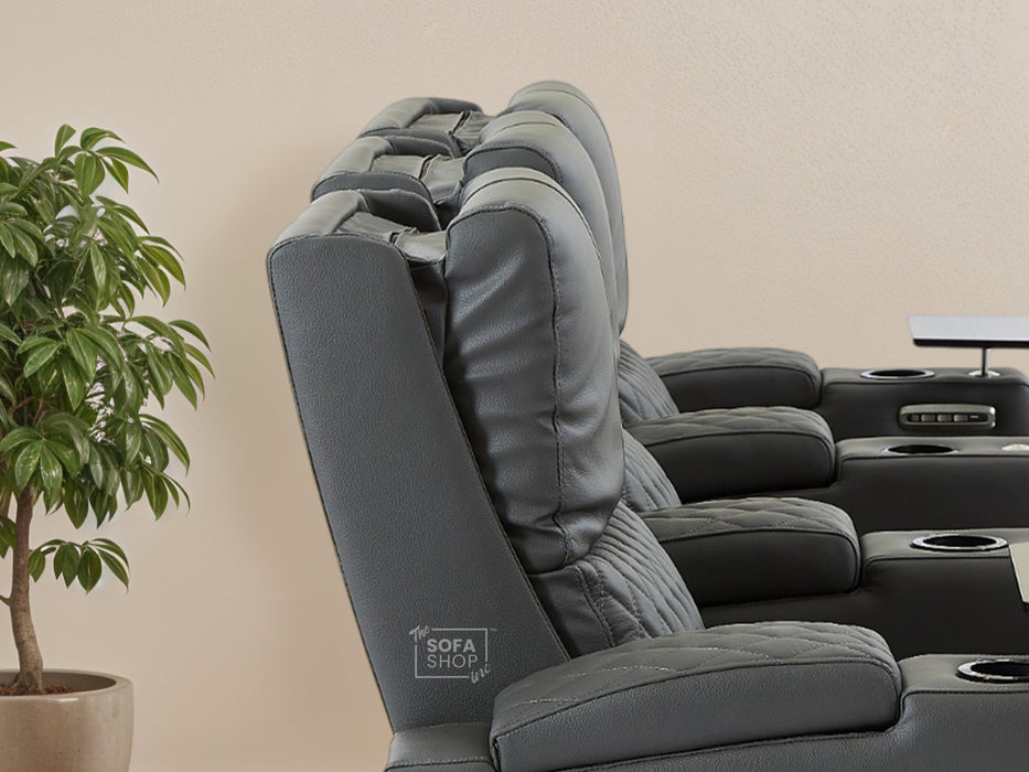 3 Seat Real Leather Electric Recliner Home Cinema Theatre Sofa In Grey with Chilled Cupholder + USB C to Stay Charged + Fully Reclining Seats & Lumbar Support | Assisi
