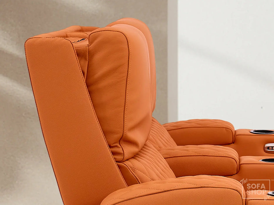 2 Seat Real Leather Electric Recliner Home Cinema Theatre Sofa In Orange with LED Underseat Glow + Electric Recline Mechanism & Lumbar Support | Assisi