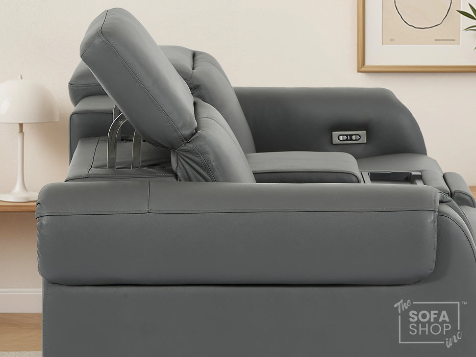 2 Seater Real Leather Electric Recliner Sofa | Cinema Sofa | Hi-Tech Sofa in Grey with Massage, Middle Console, Wireless Charging, Adjustable Headrests & USB | Turin