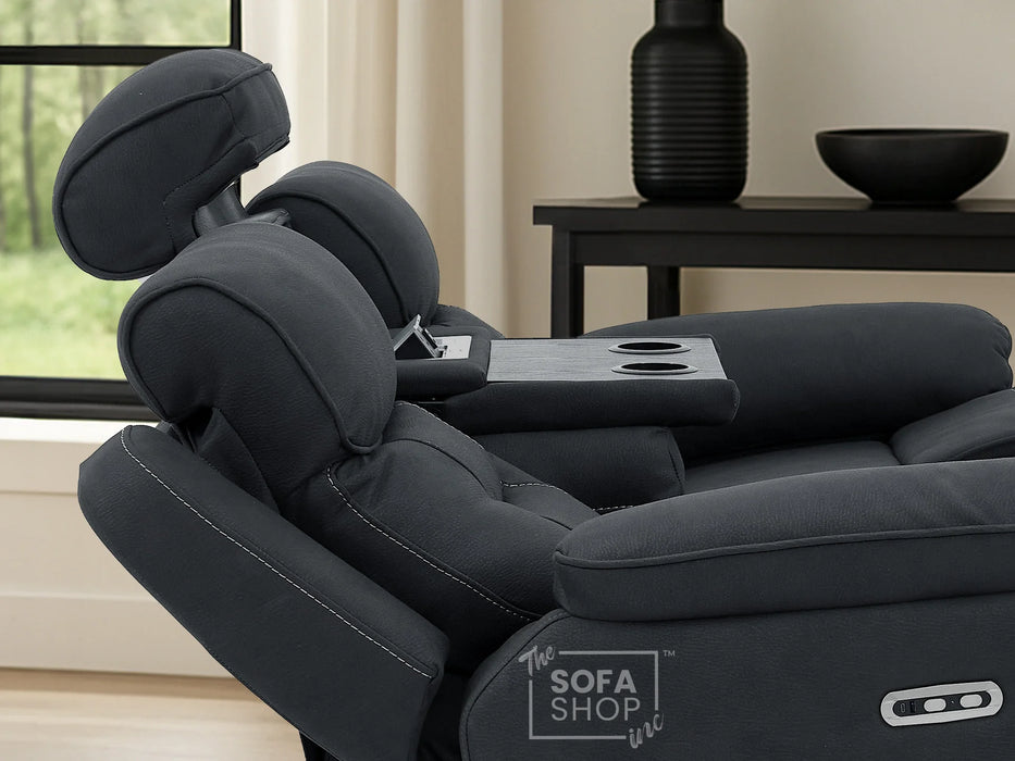 3 Seat Electric Recliner Home Cinema Sofa | Fabric Couch In Charcoal Grey | Hi-Tech Sofa with Massage + Cupholders + Table + Power Headrests + Speakers | Florence