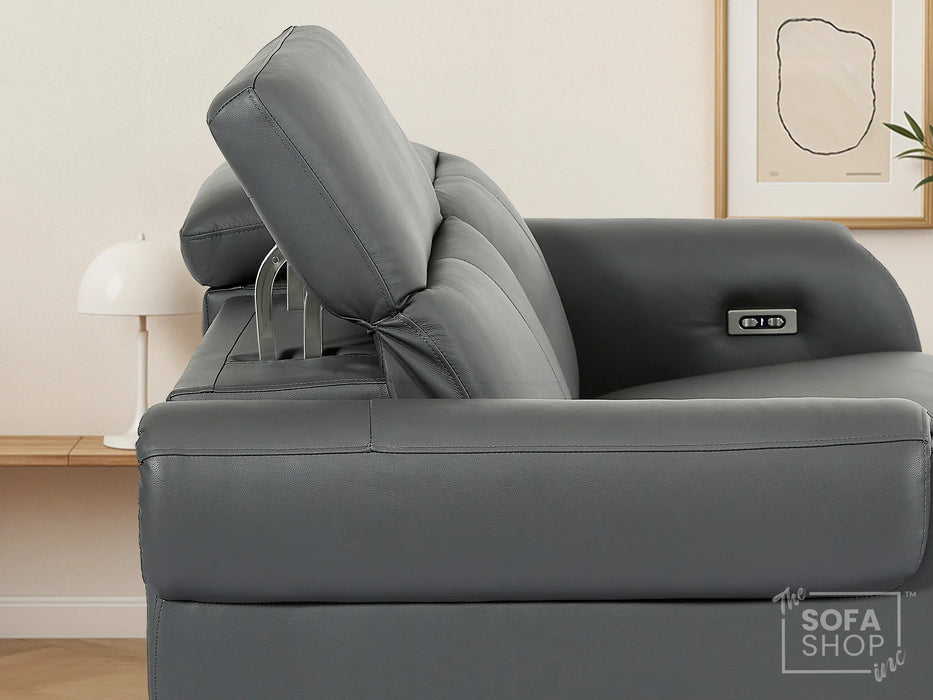 3 Seater Real Leather Recliner Sofa In Grey | Hi-Tech Sofa with Massage, USB Ports & Power Headrest | Turin