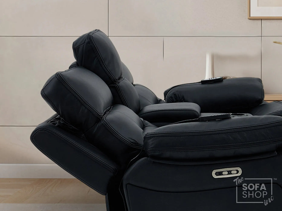 3+2 Electric Recliner Sofa Set in Black Real Leather | Hi-Tech Cinema Package with Massage, Drop-Down Table, Power Headrest, Power Recliner, Storage Drawer, USB & Wireless Charging | Sicily