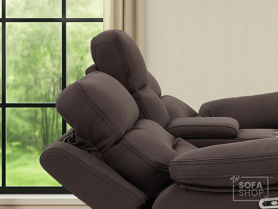3+2 Electric Recliner Sofa Set in Brown Resillience Fabric | Hi-Tech Cinema Package with Massage, Drop-Down Table, Power Headrest, Power Recliner, Storage Drawer, USB & Wireless Charging | Sicily